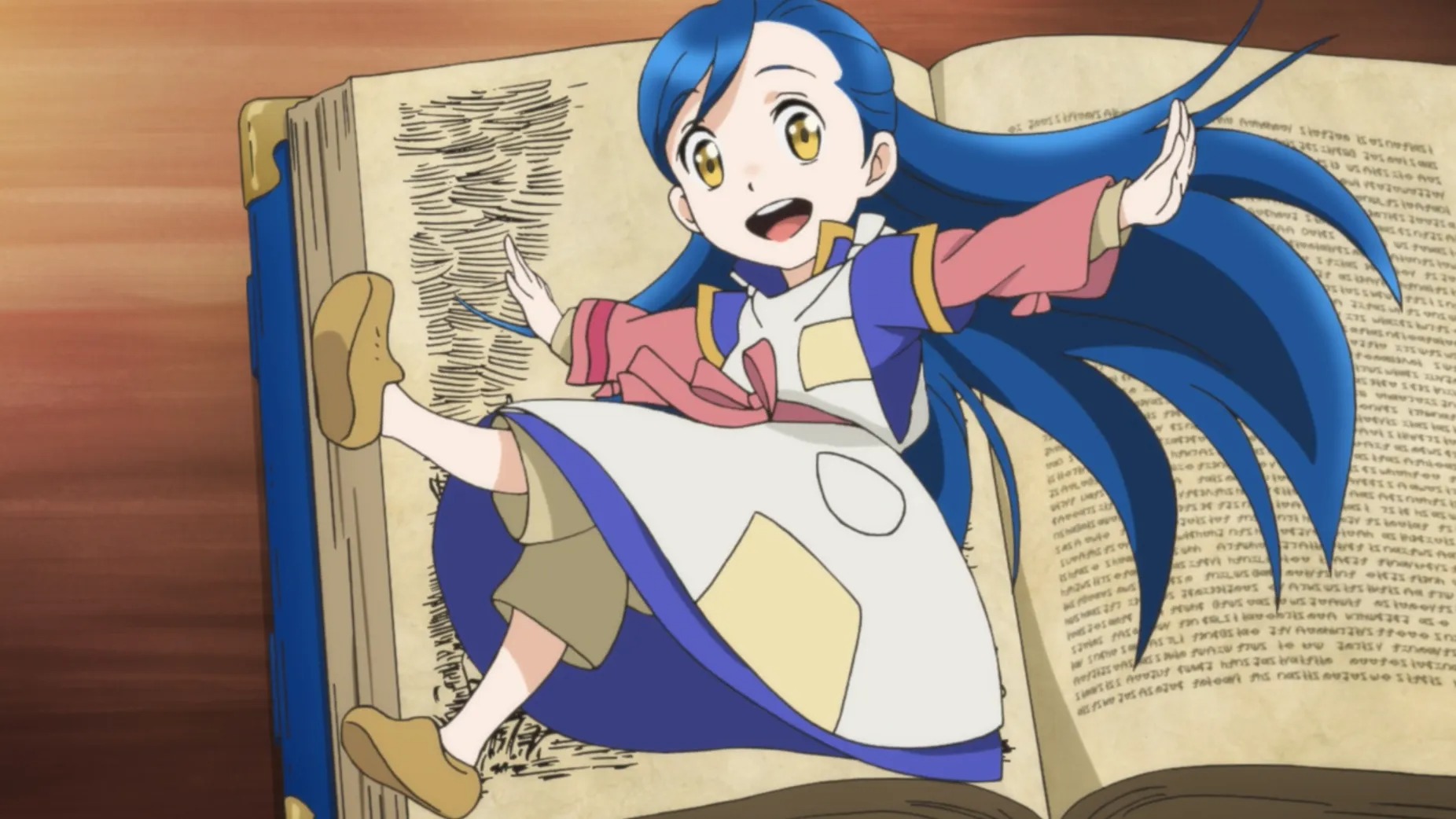 Ascendance of a Bookworm anime Myne floating with a book in the background